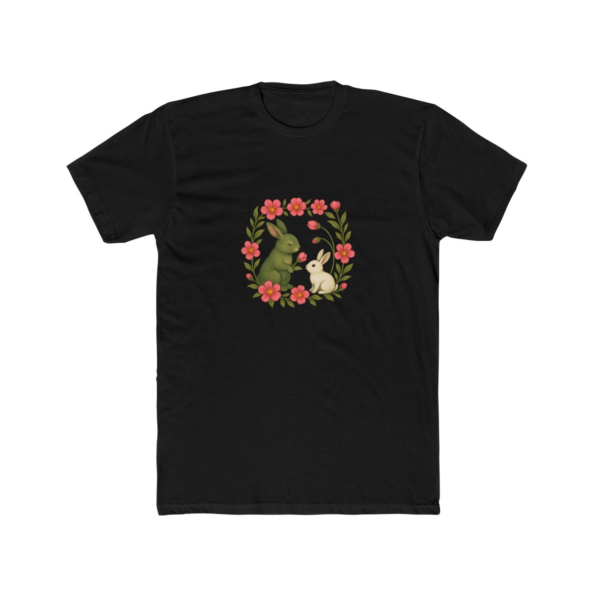Whimsical Green White Rabbits Pink Floral T Shirt - alternate angle 3, merchandise