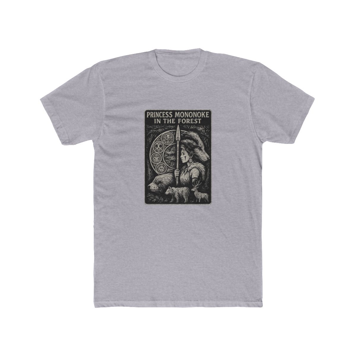 Dark grey T Shirt with a graphic design. The design features the text "PRINCESS MONONOKE IN THE FOREST" and illustrations of a woman, wolf, bear, and deer within a circular element. The shirt has... - alternate angle 4, merchandise