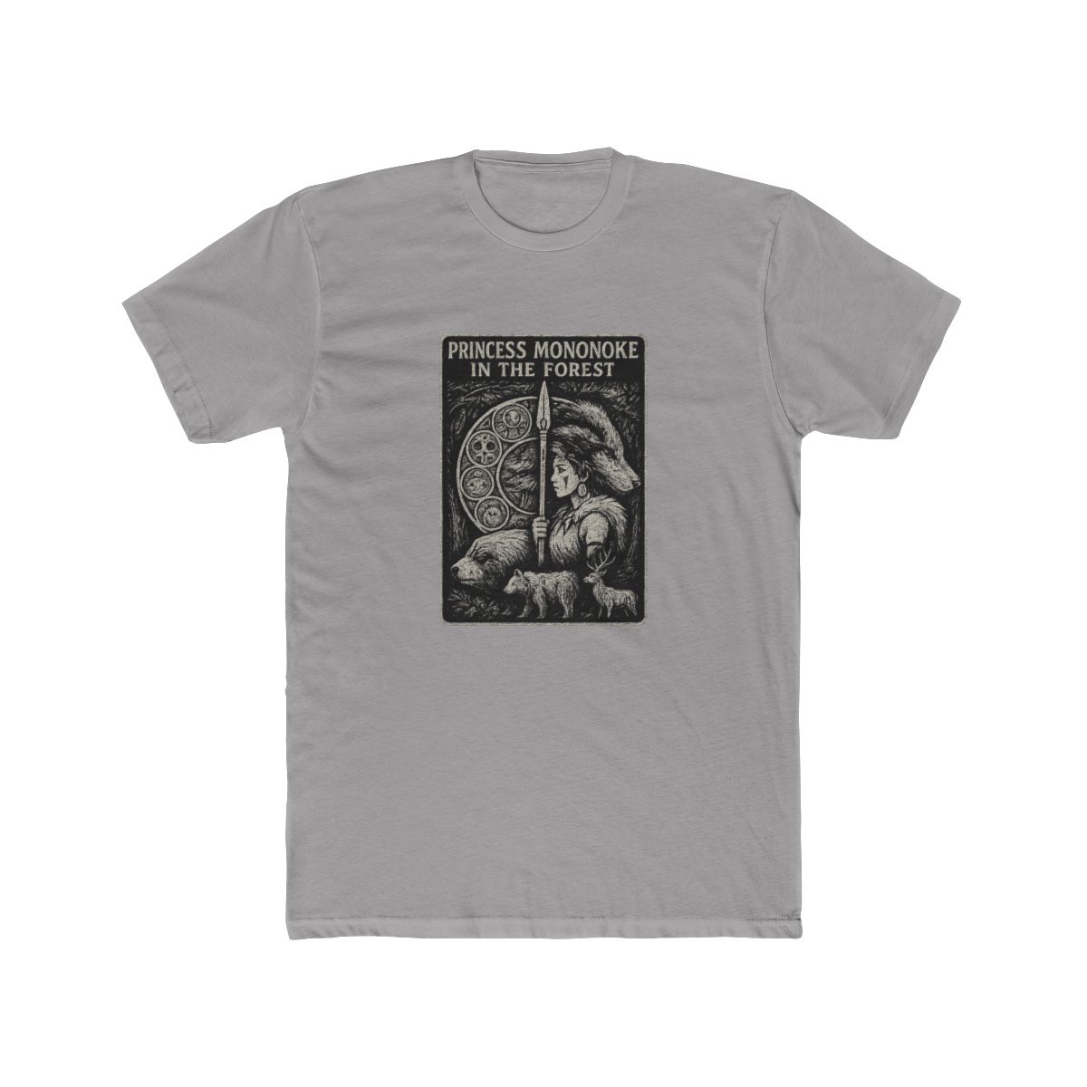 Dark grey T Shirt with a graphic design. The design features the text "PRINCESS MONONOKE IN THE FOREST" and illustrations of a woman, wolf, bear, and deer within a circular element. The shirt has... - Official T-Shirts merchandise