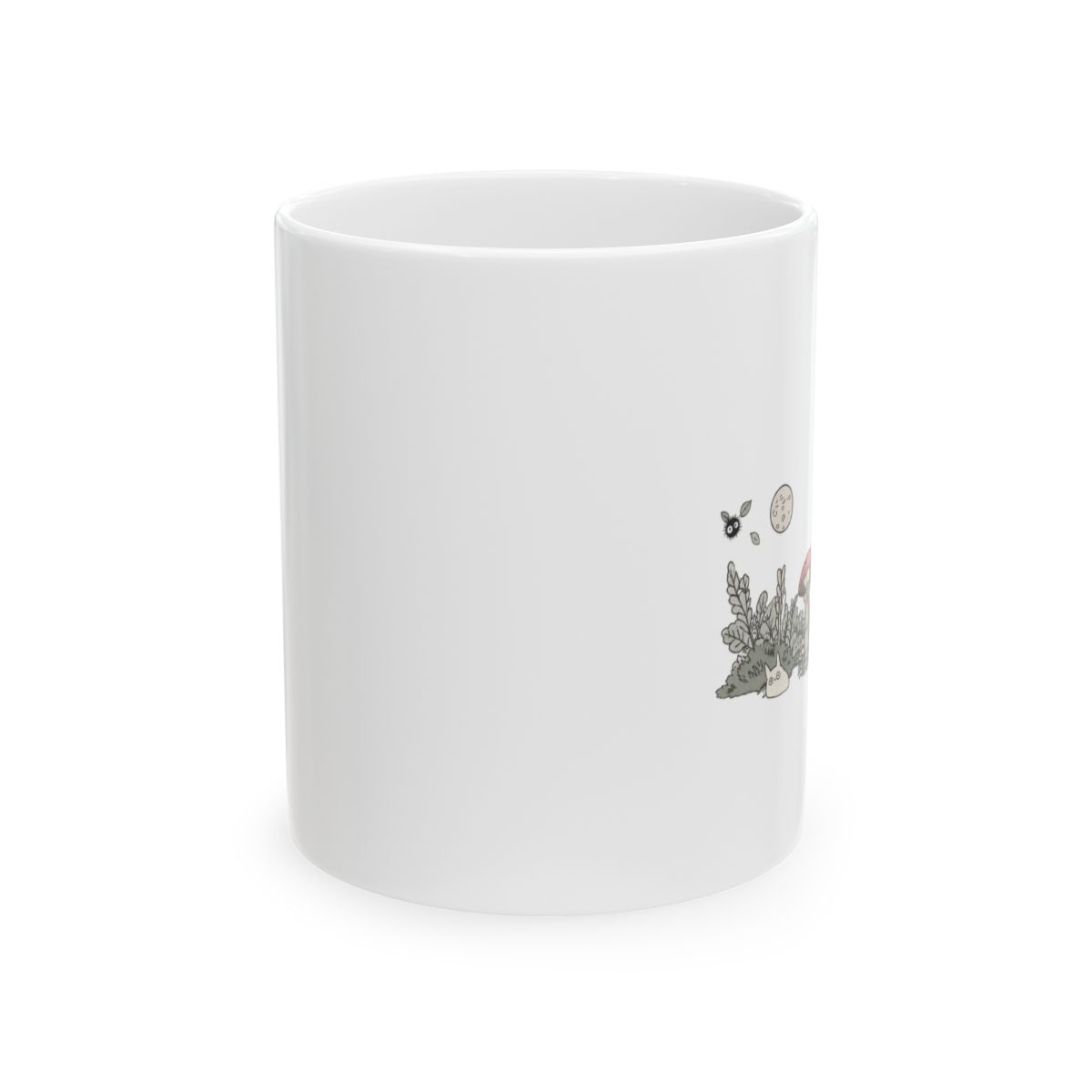 Black ceramic mug with a tan base and a black handle. The mug features a graphic of a character from the animated film "My Neighbour Totoro" with a rainy scene. The mug is on a neutral surface - alternate angle 2, merchandise